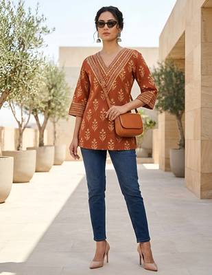 Orange  pure cotton printed tunic for women 2
