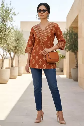 Orange  pure cotton printed tunic for women