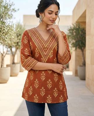 Orange  pure cotton printed tunic for women 4