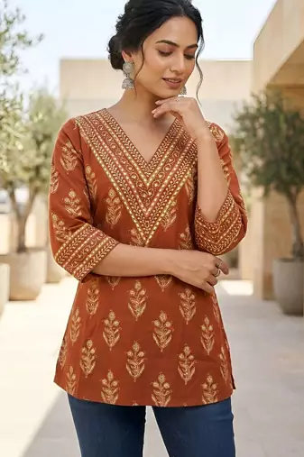 Orange  pure cotton printed tunic for women