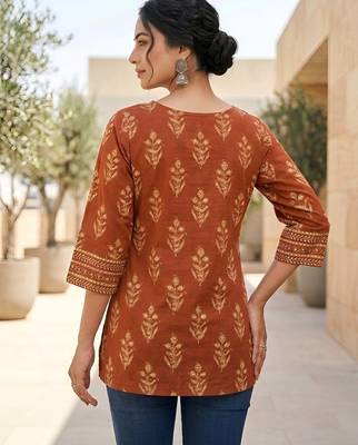 Orange  pure cotton printed tunic for women 5