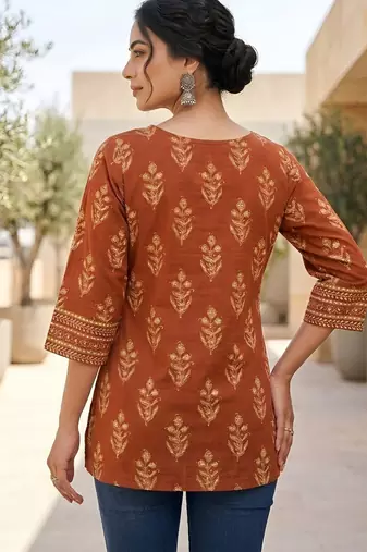 Orange  pure cotton printed tunic for women