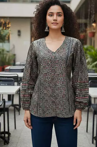 Black  pure cotton printed tunic for women