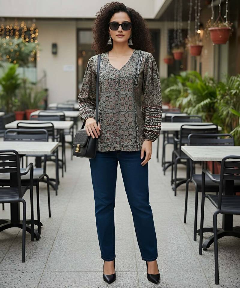 Black  pure cotton printed tunic for women