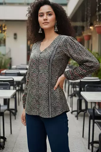 Black  pure cotton printed tunic for women
