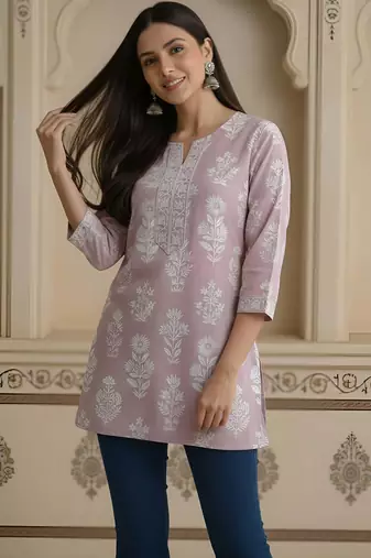 Mauve  pure cotton printed tunic for women