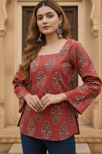 Maroon  pure cotton printed tunic for women