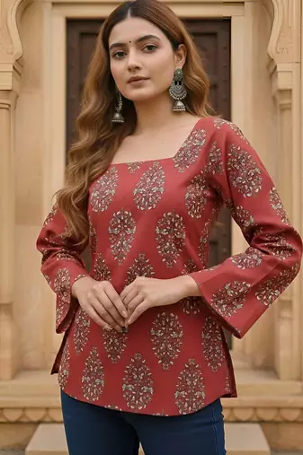 Maroon  pure cotton printed tunic for women