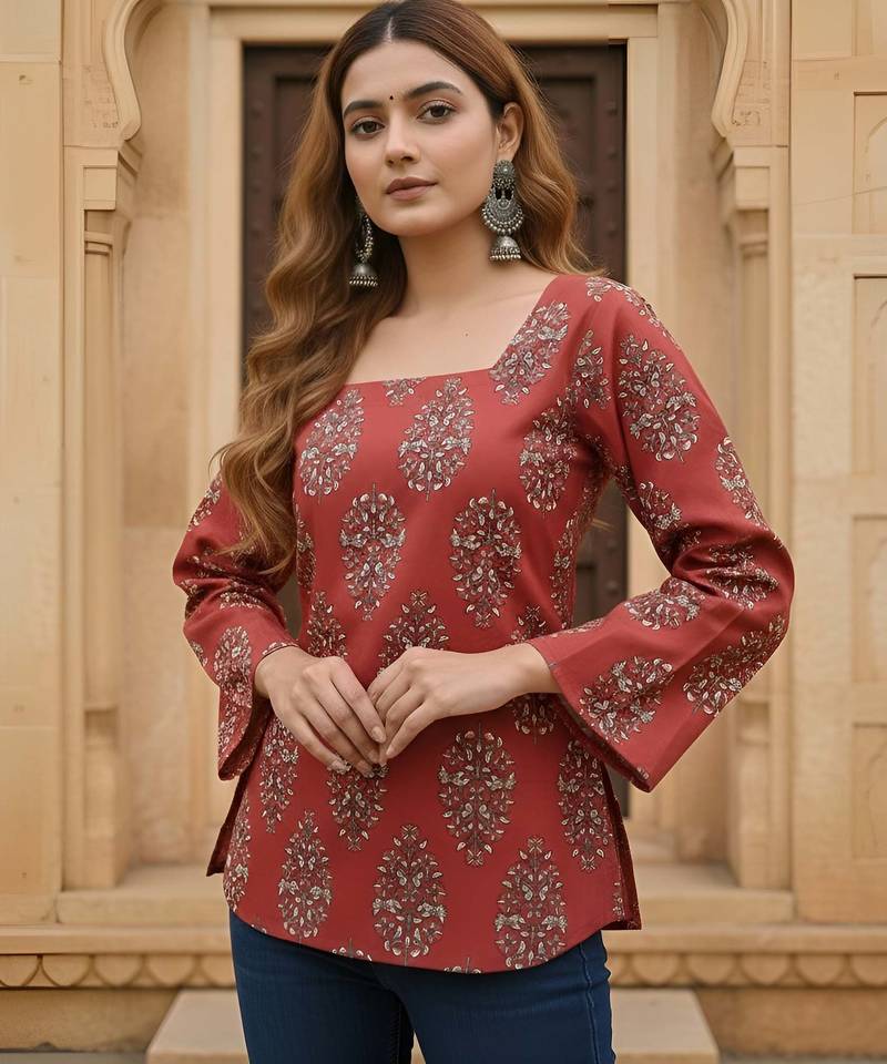 Maroon  pure cotton printed tunic for women