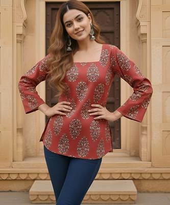 Maroon  pure cotton printed tunic for women 2