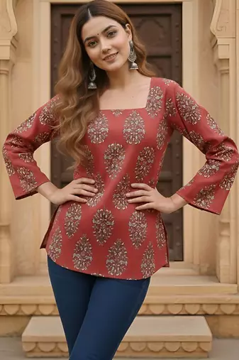 Maroon  pure cotton printed tunic for women