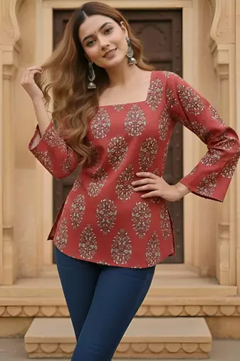 Maroon  pure cotton printed tunic for women
