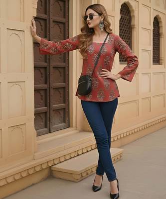 Maroon  pure cotton printed tunic for women 5