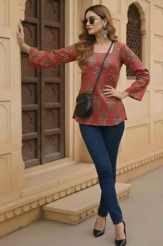 Maroon  pure cotton printed tunic for women