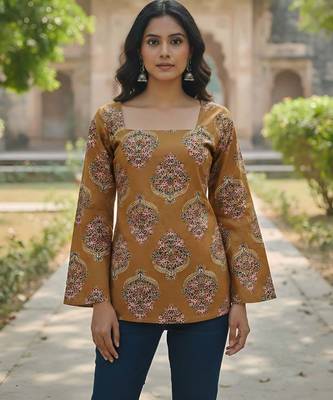 Yellow  pure cotton printed tunic for women 1