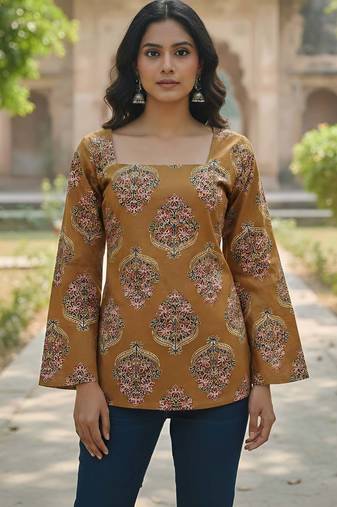 Yellow  pure cotton printed tunic for women
