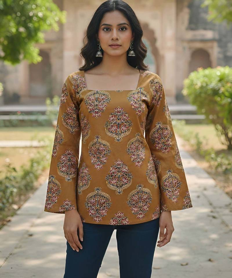 Yellow  pure cotton printed tunic for women