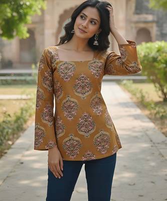 Yellow  pure cotton printed tunic for women 3