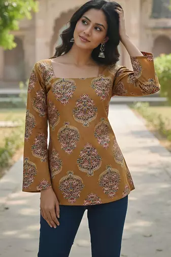 Yellow  pure cotton printed tunic for women