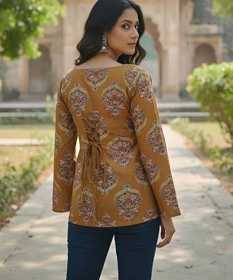 Yellow  pure cotton printed tunic for women 4