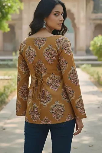 Yellow  pure cotton printed tunic for women