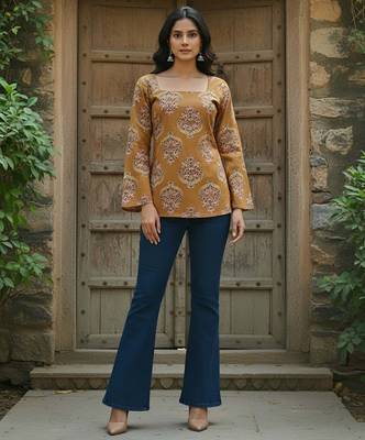 Yellow  pure cotton printed tunic for women 5