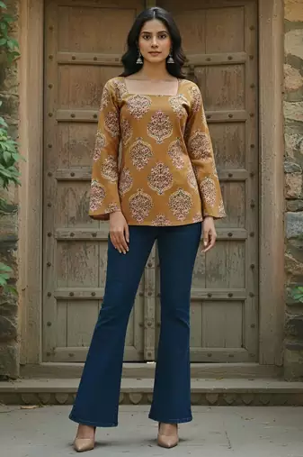 Yellow  pure cotton printed tunic for women