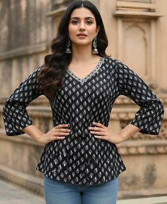 Black  pure cotton printed tunic for women 1