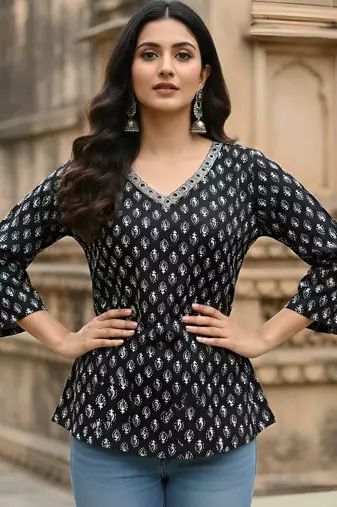 Black  pure cotton printed tunic for women