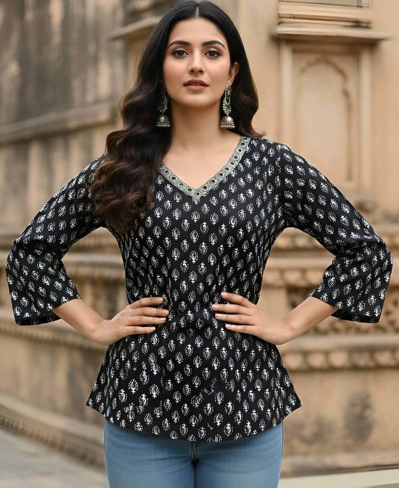 Black  pure cotton printed tunic for women