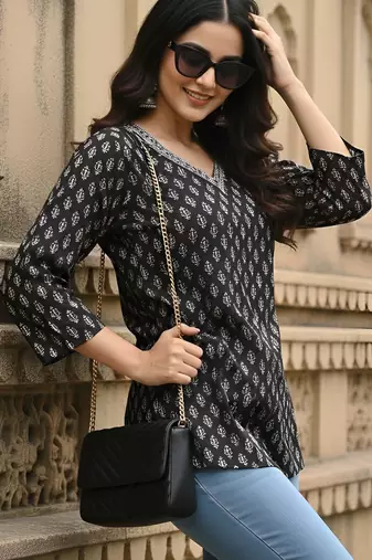 Black  pure cotton printed tunic for women