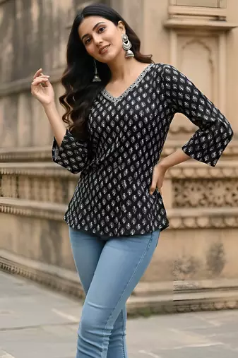 Black  pure cotton printed tunic for women