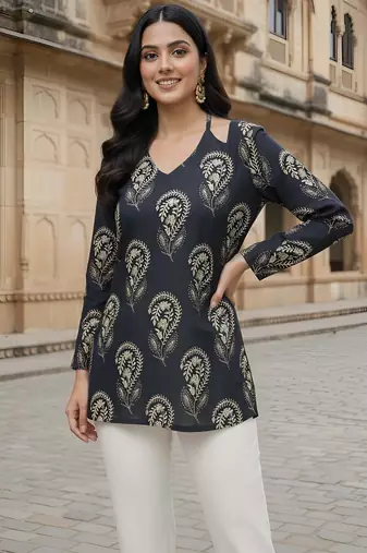 Black  pure cotton printed tunic for women