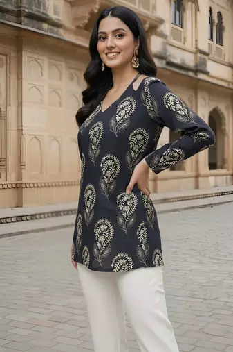 Black  pure cotton printed tunic for women