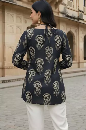 Black  pure cotton printed tunic for women
