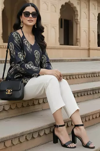 Black  pure cotton printed tunic for women