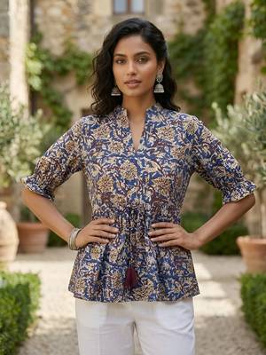 Blue  pure cotton printed tunic for women 1