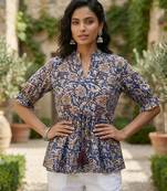 Blue  pure cotton printed tunic for women