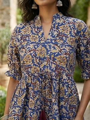 Blue  pure cotton printed tunic for women 2