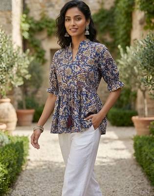 Blue  pure cotton printed tunic for women 3