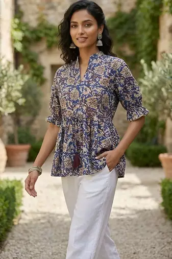 Blue  pure cotton printed tunic for women