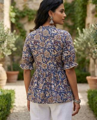 Blue  pure cotton printed tunic for women 4
