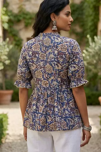 Blue  pure cotton printed tunic for women