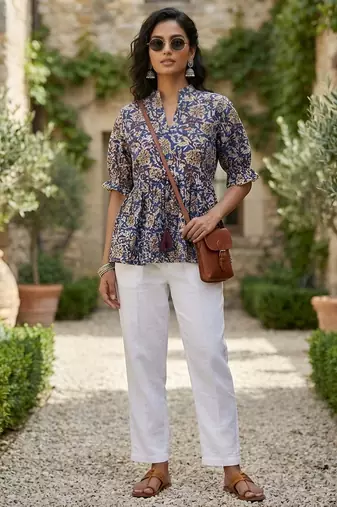 Blue  pure cotton printed tunic for women