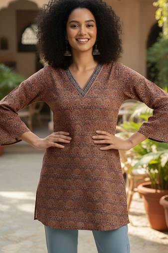 Maroon  pure cotton printed tunic for women
