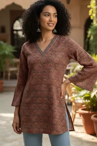 Maroon  pure cotton printed tunic for women