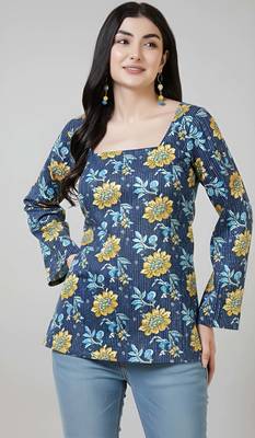 Blue  pure cotton printed tunic for women 1