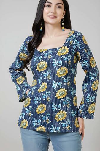 Blue  pure cotton printed tunic for women
