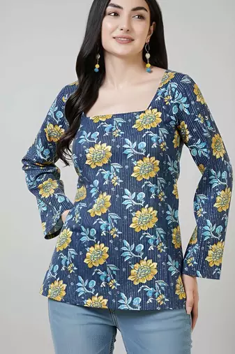 Blue  pure cotton printed tunic for women
