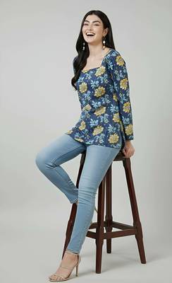 Blue  pure cotton printed tunic for women 2